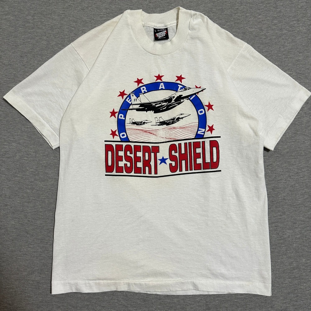 Vintage 1990 Operation Desert Shield Fighter Jet Single Stitch Tee White Large